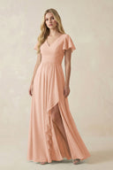 V - Neck Flutter Sleeve A - Line Chiffon Bridesmaid Dress in English Rose - KissProm Bridesmaid Dresses