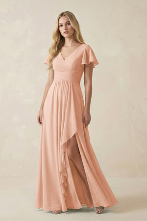 V - Neck Flutter Sleeve A - Line Chiffon Bridesmaid Dress in English Rose - KissProm Bridesmaid Dresses