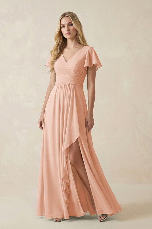 V - Neck Flutter Sleeve A - Line Chiffon Bridesmaid Dress in English Rose - KissProm Bridesmaid Dresses