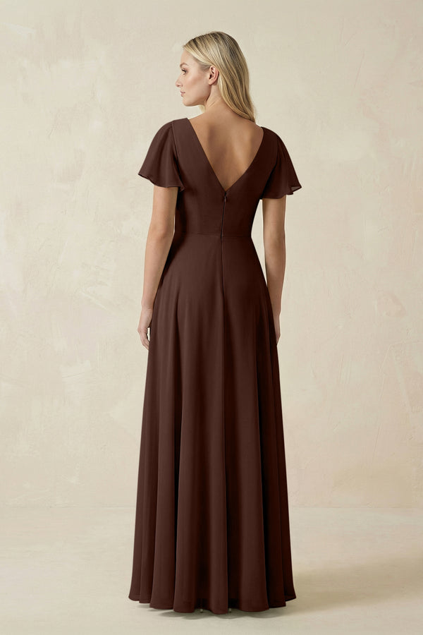 V - Neck Flutter Sleeve A - Line Chiffon Bridesmaid Dress in Espresso - KissProm Bridesmaid Dresses