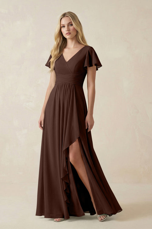 V - Neck Flutter Sleeve A - Line Chiffon Bridesmaid Dress in Espresso - KissProm Bridesmaid Dresses