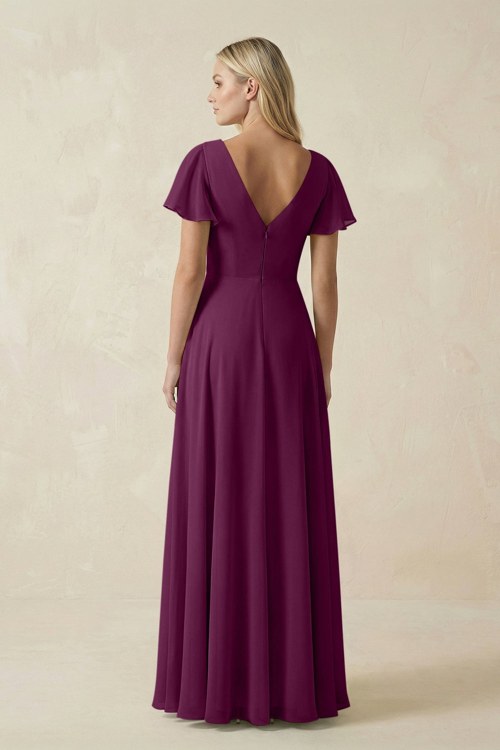 V - Neck Flutter Sleeve A - Line Chiffon Bridesmaid Dress in Fig - KissProm Bridesmaid Dresses