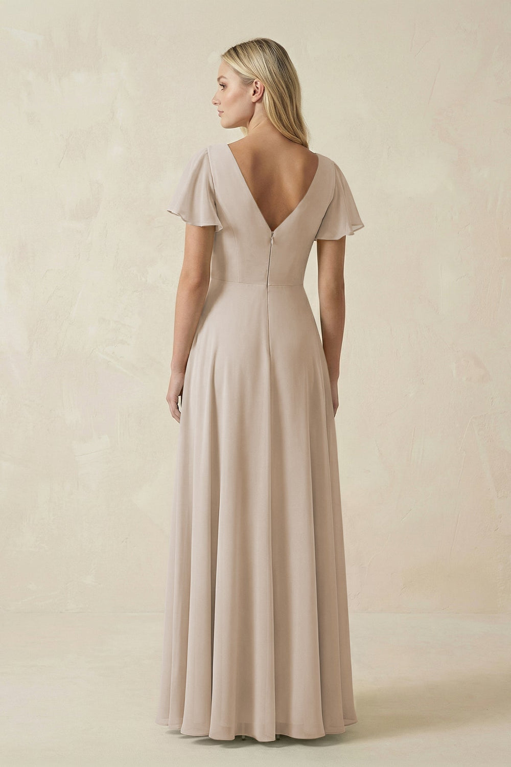 V - Neck Flutter Sleeve A - Line Chiffon Bridesmaid Dress in Frost - KissProm Bridesmaid Dresses