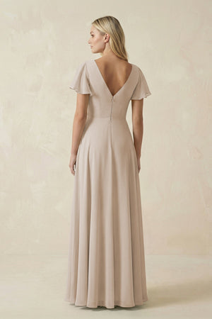 V - Neck Flutter Sleeve A - Line Chiffon Bridesmaid Dress in Frost - KissProm Bridesmaid Dresses