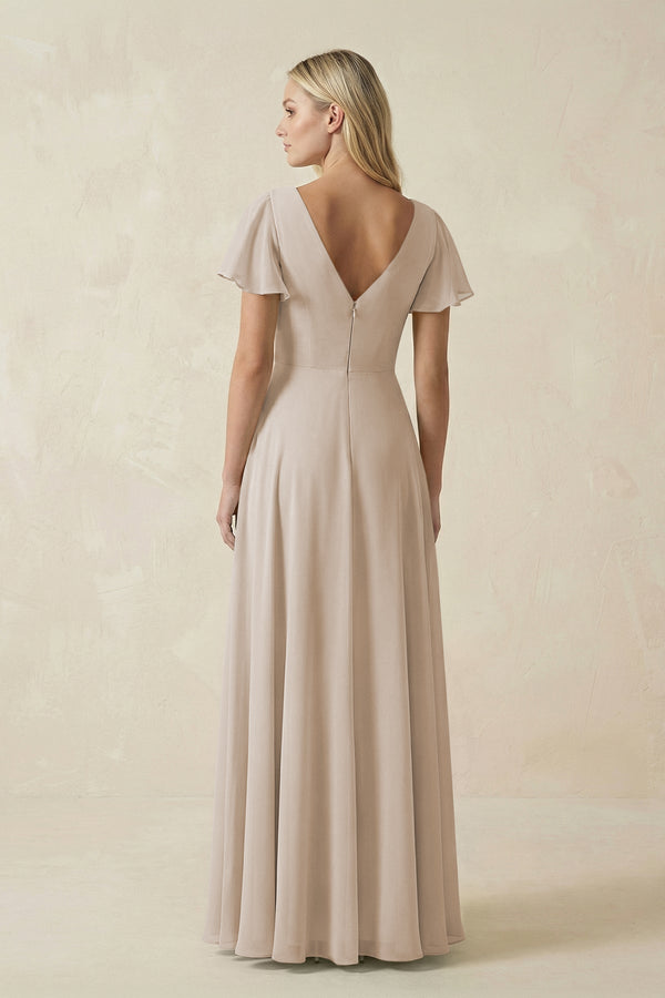 V - Neck Flutter Sleeve A - Line Chiffon Bridesmaid Dress in Frost - KissProm Bridesmaid Dresses