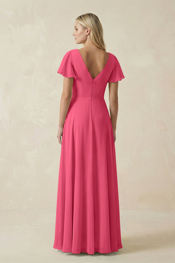 KissProm V-Neck Flutter Sleeve A-Line Chiffon Bridesmaid Dress in Fuchsia, Fuchsia / 2