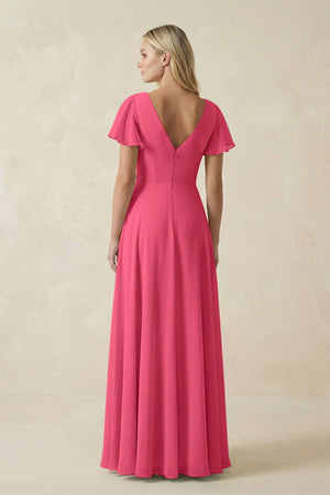 V - Neck Flutter Sleeve A - Line Chiffon Bridesmaid Dress in Fuchsia - KissProm Bridesmaid Dresses