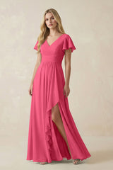 V - Neck Flutter Sleeve A - Line Chiffon Bridesmaid Dress in Fuchsia - KissProm Bridesmaid Dresses