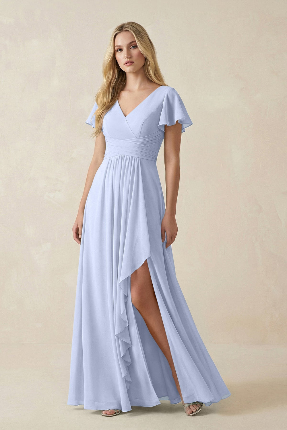 V - Neck Flutter Sleeve A - Line Chiffon Bridesmaid Dress in Ice - KissProm Bridesmaid Dresses