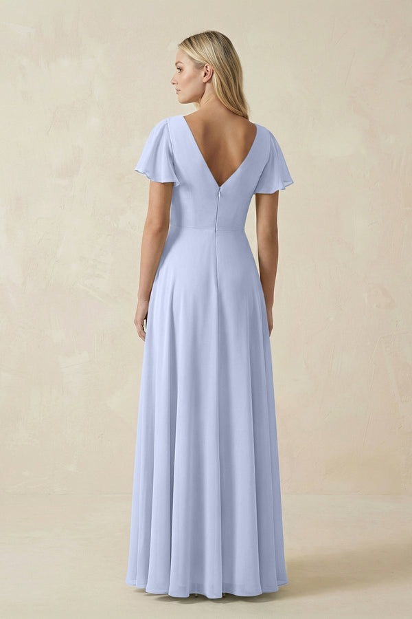 V - Neck Flutter Sleeve A - Line Chiffon Bridesmaid Dress in Ice - KissProm Bridesmaid Dresses