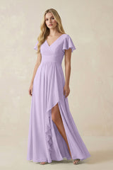 V - Neck Flutter Sleeve A - Line Chiffon Bridesmaid Dress in Lavender - KissProm Bridesmaid Dresses