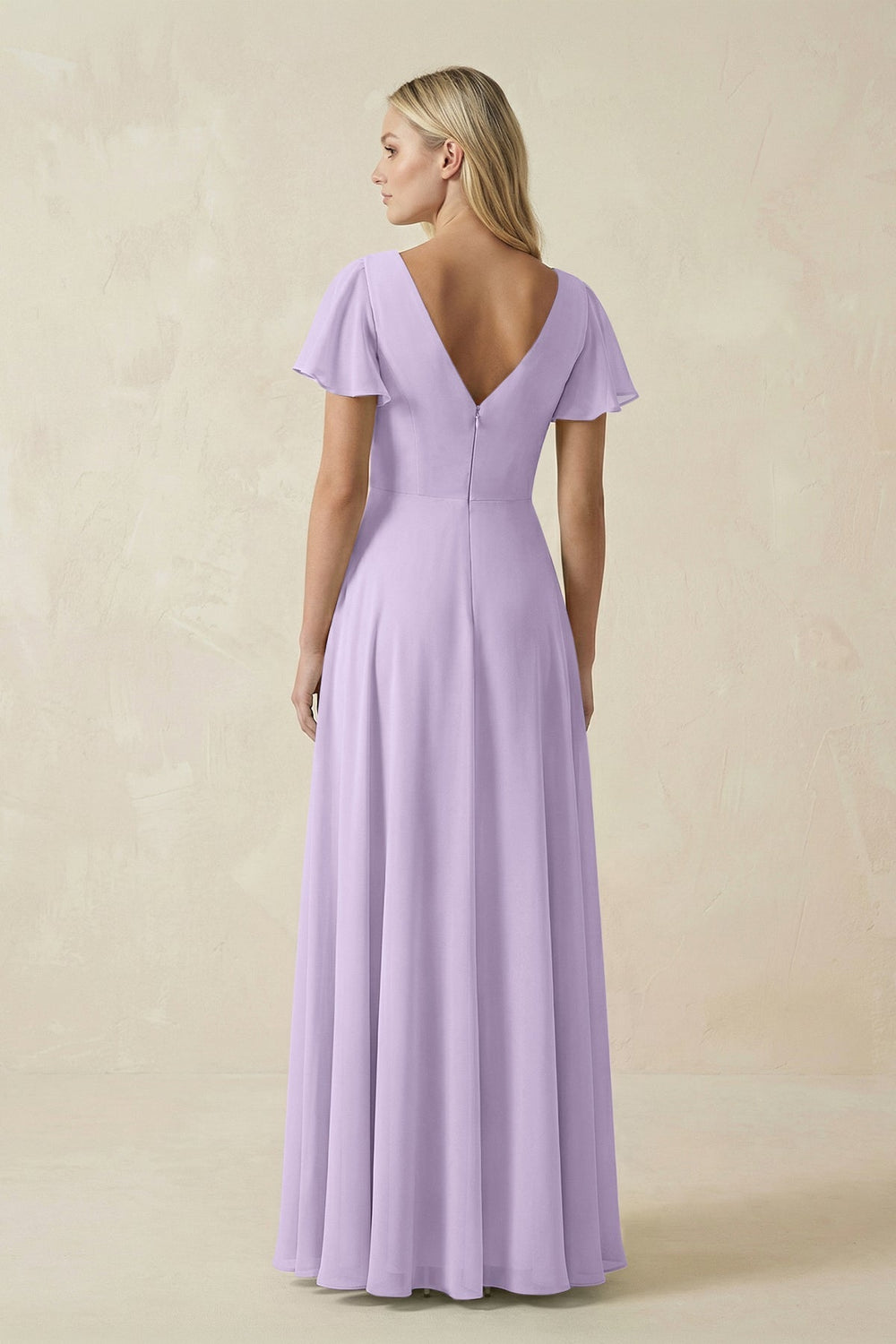 V - Neck Flutter Sleeve A - Line Chiffon Bridesmaid Dress in Lavender - KissProm Bridesmaid Dresses