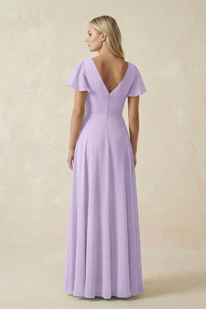 V - Neck Flutter Sleeve A - Line Chiffon Bridesmaid Dress in Lavender - KissProm Bridesmaid Dresses
