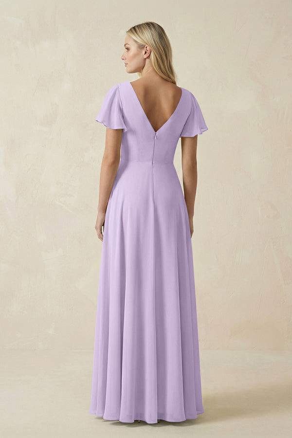 V - Neck Flutter Sleeve A - Line Chiffon Bridesmaid Dress in Lavender - KissProm Bridesmaid Dresses