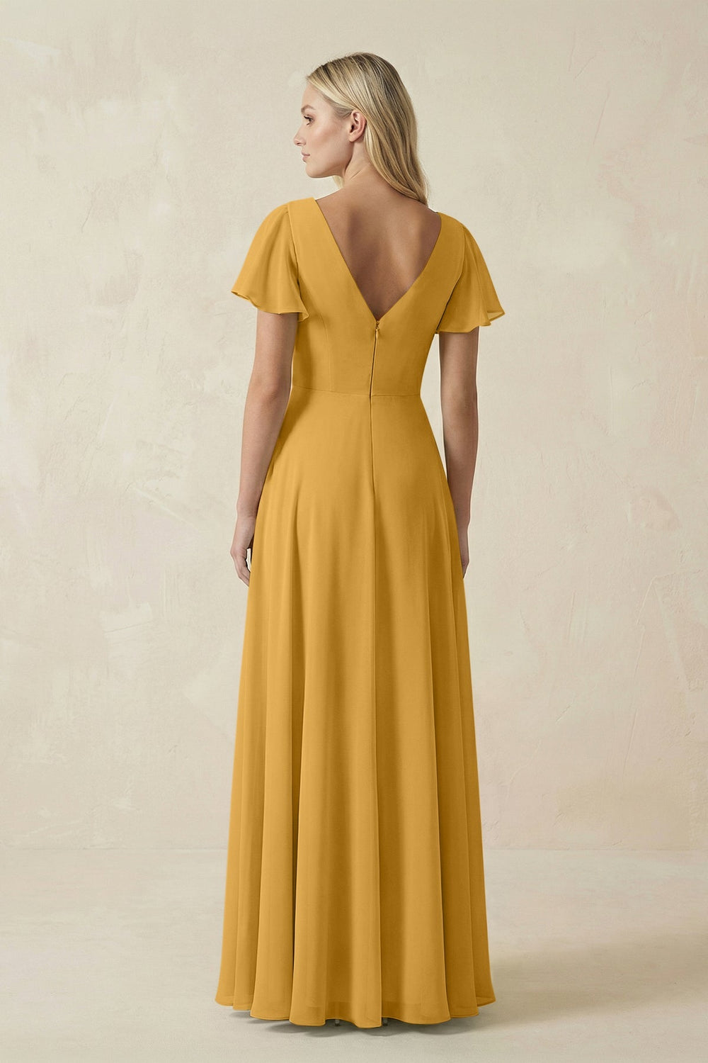 V - Neck Flutter Sleeve A - Line Chiffon Bridesmaid Dress in Marigold - KissProm Bridesmaid Dresses
