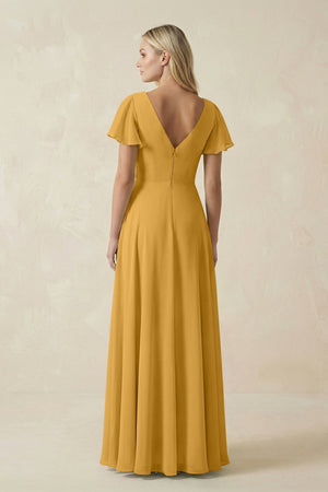 V - Neck Flutter Sleeve A - Line Chiffon Bridesmaid Dress in Marigold - KissProm Bridesmaid Dresses