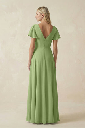 V - Neck Flutter Sleeve A - Line Chiffon Bridesmaid Dress in Matcha - KissProm Bridesmaid Dresses