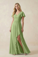 V - Neck Flutter Sleeve A - Line Chiffon Bridesmaid Dress in Matcha - KissProm Bridesmaid Dresses