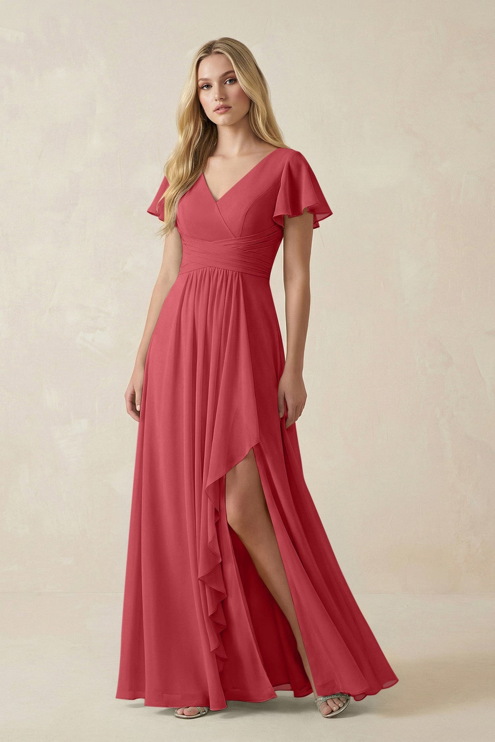 V - Neck Flutter Sleeve A - Line Chiffon Bridesmaid Dress in Merlot - KissProm Bridesmaid Dresses