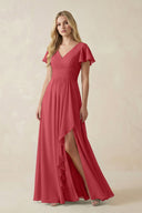 V - Neck Flutter Sleeve A - Line Chiffon Bridesmaid Dress in Merlot - KissProm Bridesmaid Dresses