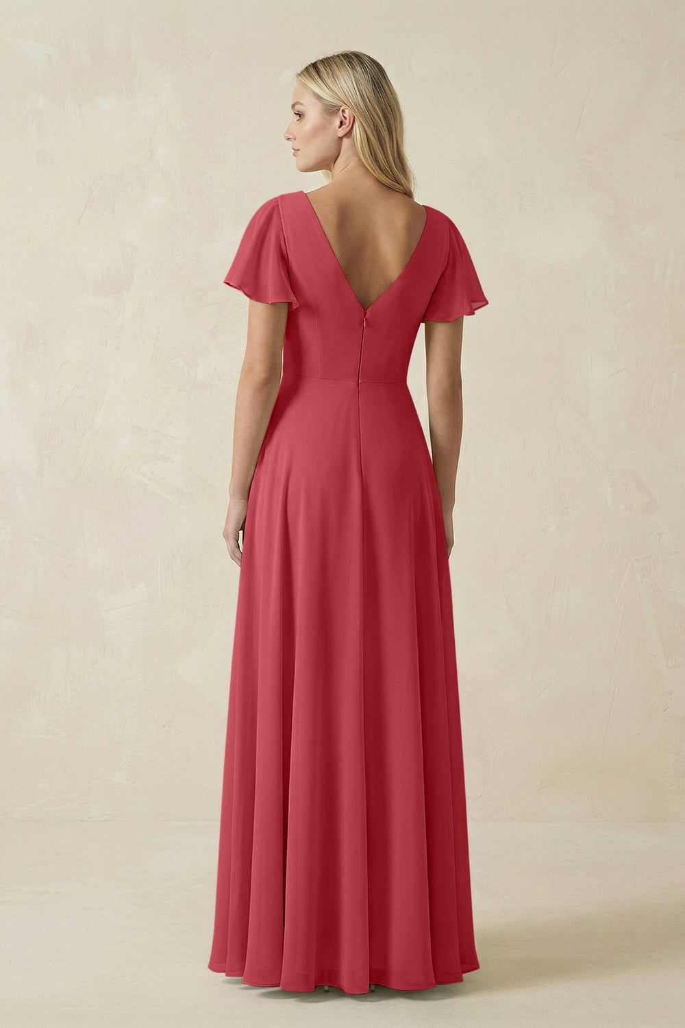 V - Neck Flutter Sleeve A - Line Chiffon Bridesmaid Dress in Merlot - KissProm Bridesmaid Dresses