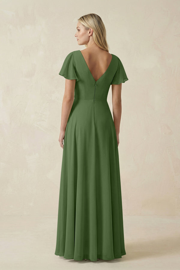 V - Neck Flutter Sleeve A - Line Chiffon Bridesmaid Dress in Moss - KissProm Bridesmaid Dresses