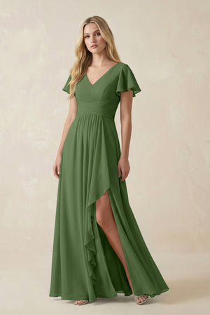 V - Neck Flutter Sleeve A - Line Chiffon Bridesmaid Dress in Moss - KissProm Bridesmaid Dresses