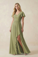 V - Neck Flutter Sleeve A - Line Chiffon Bridesmaid Dress in Moss Green - KissProm Bridesmaid Dresses