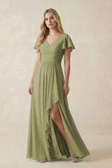 V - Neck Flutter Sleeve A - Line Chiffon Bridesmaid Dress in Moss Green - KissProm Bridesmaid Dresses