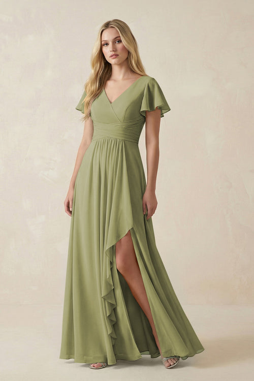 V - Neck Flutter Sleeve A - Line Chiffon Bridesmaid Dress in Moss Green - KissProm Bridesmaid Dresses