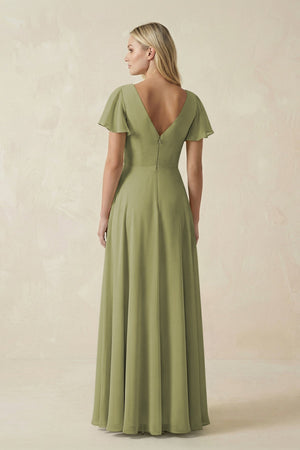 V - Neck Flutter Sleeve A - Line Chiffon Bridesmaid Dress in Moss Green - KissProm Bridesmaid Dresses