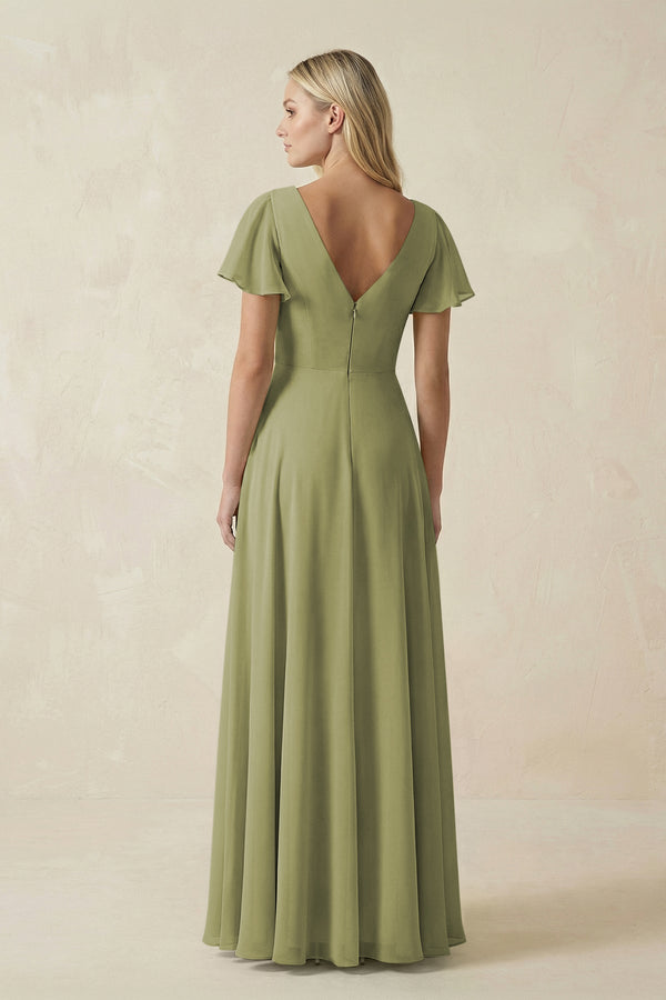 V - Neck Flutter Sleeve A - Line Chiffon Bridesmaid Dress in Moss Green - KissProm Bridesmaid Dresses