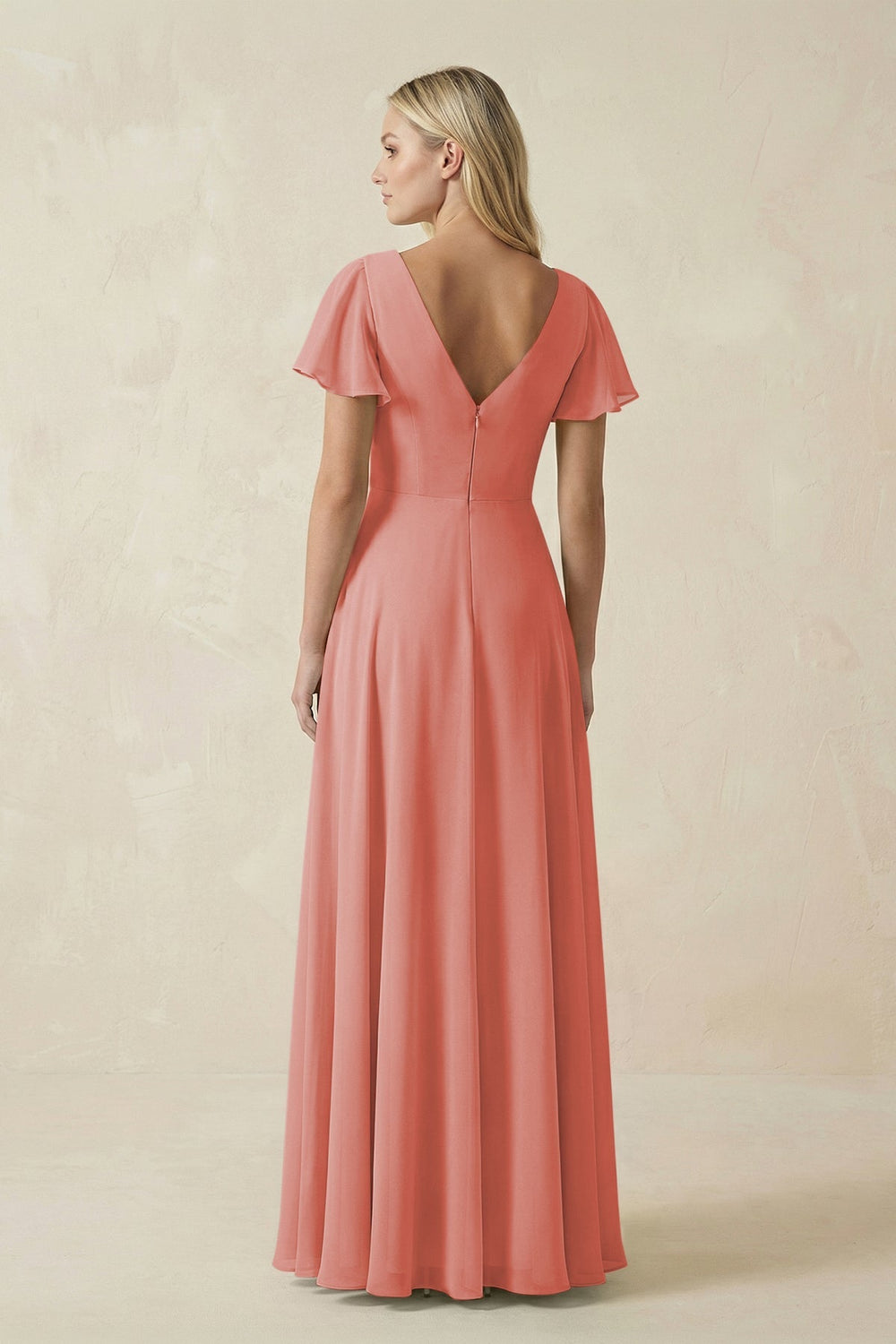 V - Neck Flutter Sleeve A - Line Chiffon Bridesmaid Dress in Mulberry - KissProm Bridesmaid Dresses