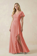 V - Neck Flutter Sleeve A - Line Chiffon Bridesmaid Dress in Mulberry - KissProm Bridesmaid Dresses