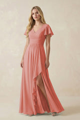 V - Neck Flutter Sleeve A - Line Chiffon Bridesmaid Dress in Mulberry - KissProm Bridesmaid Dresses