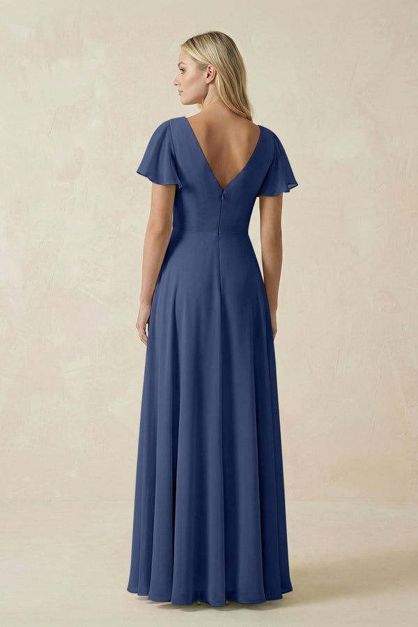 V - Neck Flutter Sleeve A - Line Chiffon Bridesmaid Dress in Navy - KissProm Bridesmaid Dresses