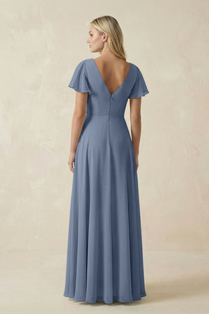 V - Neck Flutter Sleeve A - Line Chiffon Bridesmaid Dress in Neptune - KissProm Bridesmaid Dresses