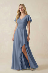 V - Neck Flutter Sleeve A - Line Chiffon Bridesmaid Dress in Neptune - KissProm Bridesmaid Dresses