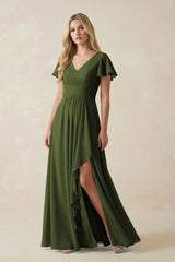 V - Neck Flutter Sleeve A - Line Chiffon Bridesmaid Dress in Olive - KissProm Bridesmaid Dresses