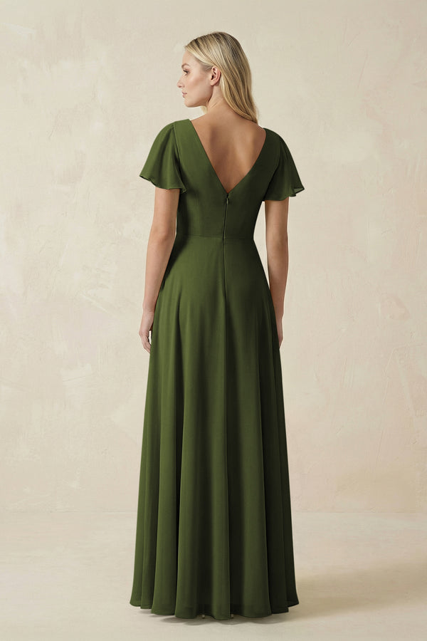 KissProm V-Neck Flutter Sleeve A-Line Chiffon Bridesmaid Dress in Olive, Olive / 26