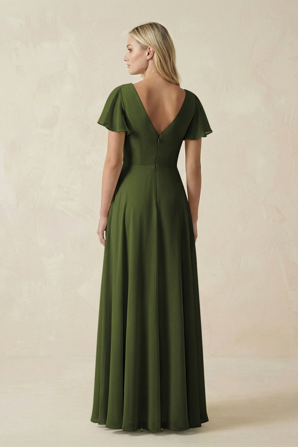 V - Neck Flutter Sleeve A - Line Chiffon Bridesmaid Dress in Olive - KissProm Bridesmaid Dresses