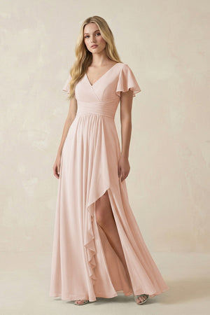 V - Neck Flutter Sleeve A - Line Chiffon Bridesmaid Dress in Pale Blush - KissProm Bridesmaid Dresses