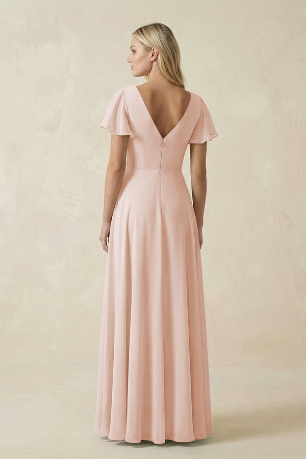 V - Neck Flutter Sleeve A - Line Chiffon Bridesmaid Dress in Pale Blush - KissProm Bridesmaid Dresses