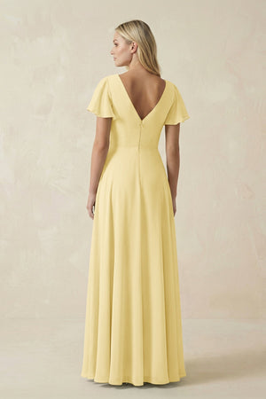 V - Neck Flutter Sleeve A - Line Chiffon Bridesmaid Dress in Pastel Yellow - KissProm Bridesmaid Dresses