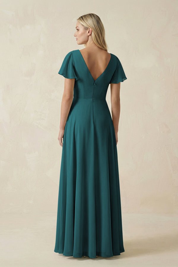 V - Neck Flutter Sleeve A - Line Chiffon Bridesmaid Dress in Pine - KissProm Bridesmaid Dresses