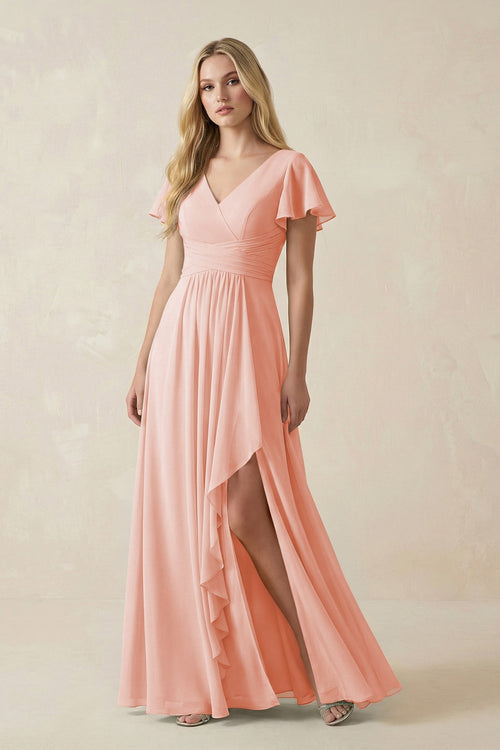 KissProm V-Neck Flutter Sleeve A-Line Chiffon Bridesmaid Dress in Rose Petal, Rose Petal / 12