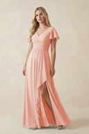 V - Neck Flutter Sleeve A - Line Chiffon Bridesmaid Dress in Rose Petal - KissProm Bridesmaid Dresses