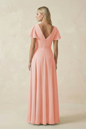 V - Neck Flutter Sleeve A - Line Chiffon Bridesmaid Dress in Rose Petal - KissProm Bridesmaid Dresses