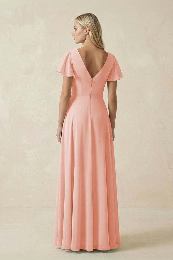 V - Neck Flutter Sleeve A - Line Chiffon Bridesmaid Dress in Rose Petal - KissProm Bridesmaid Dresses