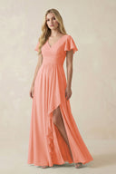 V - Neck Flutter Sleeve A - Line Chiffon Bridesmaid Dress in Rosette - KissProm Bridesmaid Dresses
